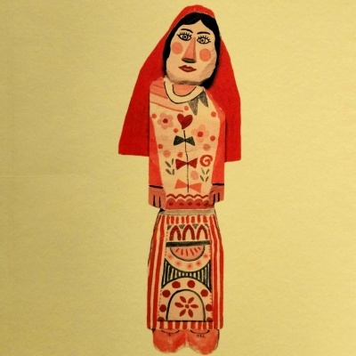 Ilustração de figura feminina em roupas tradicionais portuguesas com texto sobre fundo amarelo