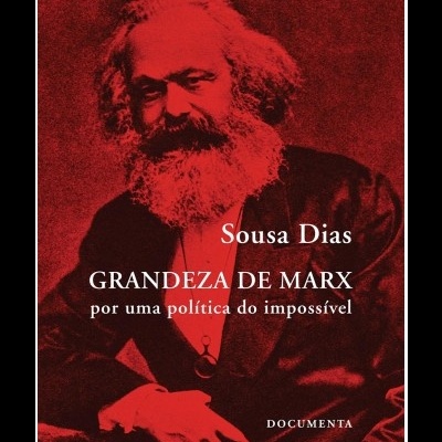 Capa de livro Grandeza de Marx sobre fundo vermelho com foto de Karl Marx