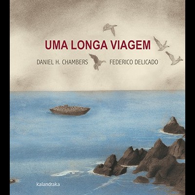 Livro 'UMA LONGA VIAGEM' com ilustração marítima e aves no céu