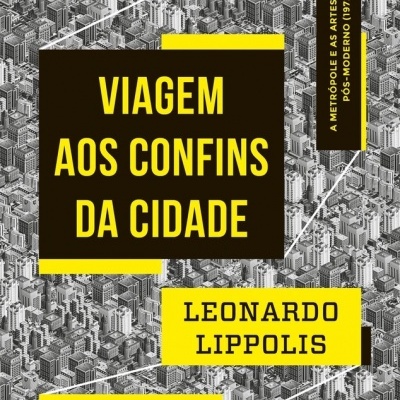 Capa de livro com padrão de prédios e texto em blocos amarelos e pretos