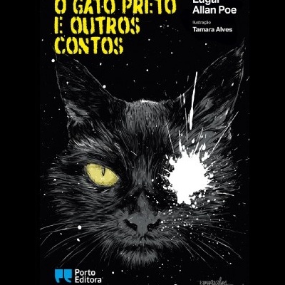Capa de livro com gato preto e texto amarelo