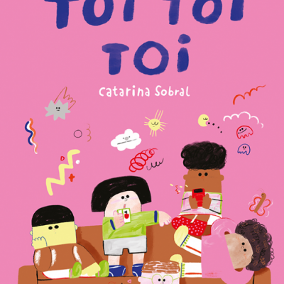 Capa de livro infantil com título TOI TOI TOI e crianças ilustradas com dispositivos