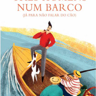 Capa de livro com três homens e um cão num barco num rio azul
