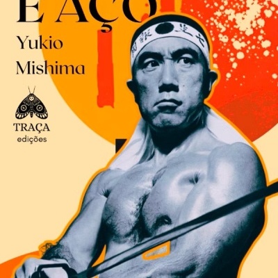 Capa do livro SOL E AÇO com homem musculado e espada em fundo laranja e amarelo