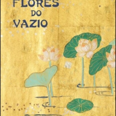 Capa de livro amarelo com título, autor e ilustração de flores de lótus