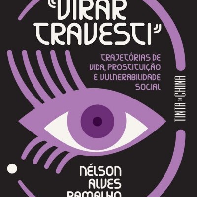 Capa de livro preta com ilustração de olho roxo e textos sobre identidade travesti