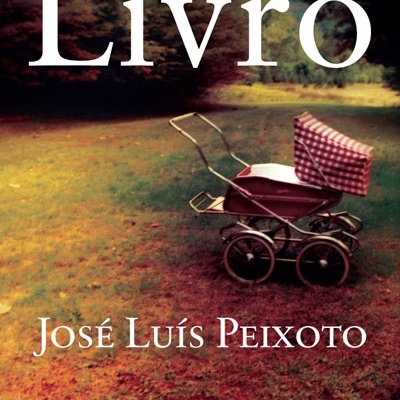 Capa de livro com carrinho de bebé antigo xadrez vermelho e branco em campo gramado