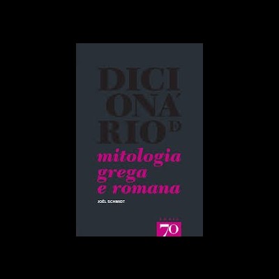 Capa de livro 'Dicionário de Mitologia Grega e Romana' com texto em preto e rosa sobre fundo azul escuro