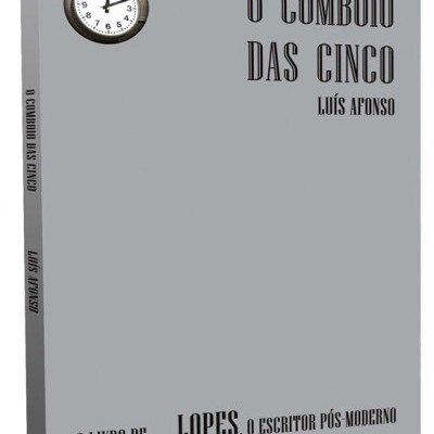 Capa de livro cinza com título e relógio que mostra 5 horas