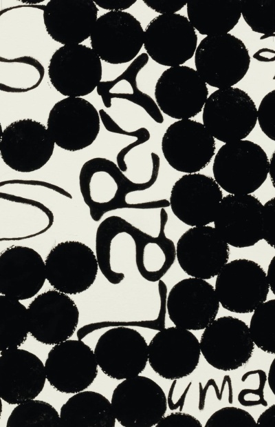 Padrão abstrato com manchas pretas circulares e texto PRAY em fundo branco