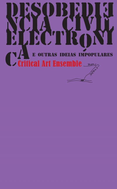 Capa de livro ou cartaz com texto em roxo, preto e vermelho e um carimbo com selo.