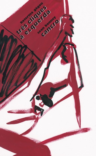 Poster artístico com desenho abstrato em vermelho e preto e texto em português