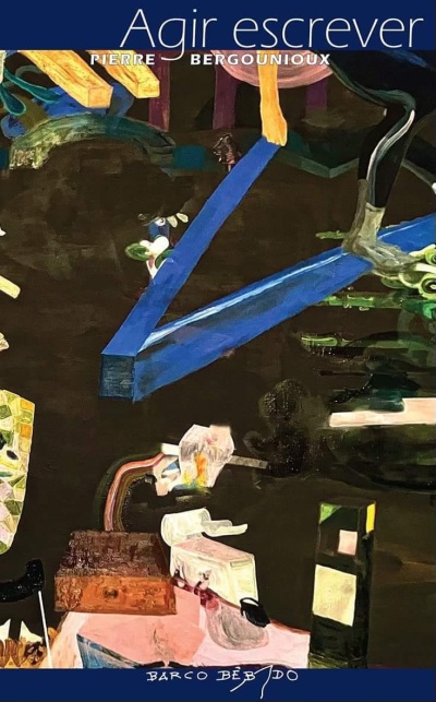 Capa de livro com ilustração abstrata em tons escuros e azuis e texto em maiúsculas