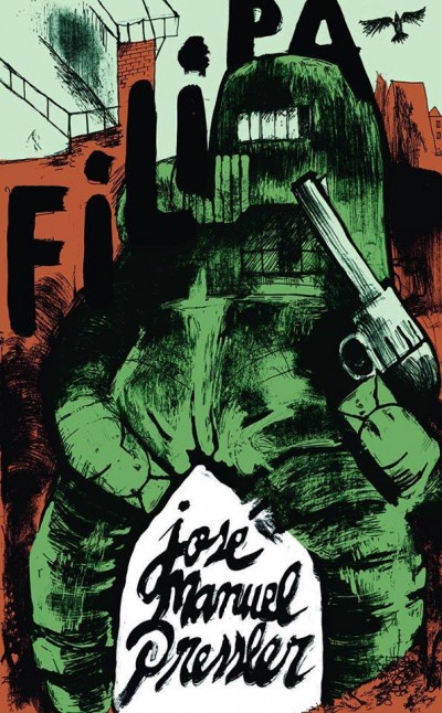 Ilustração artística com figura verde segurando arma e texto manuscrito em branco