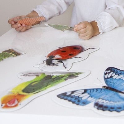 Puzzle de peças grandes com insetos e aves sobre mesa branca, criança a montar.