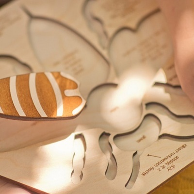 Brinquedo de madeira, figura de abelha destacável num tabuleiro com recortes