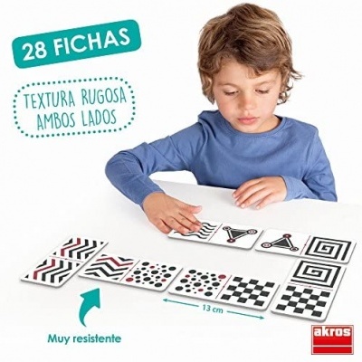 Fichas com padrões geométricos em preto e vermelho, texto '28 FICHAS', 'TEXTURA RUGOSA AMBOS LADOS' e 'Muy resistente' em fundo branco.