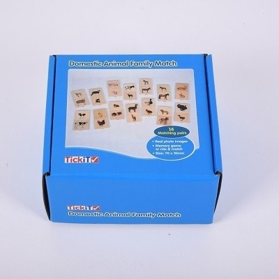 Caixa azul do jogo Domestik Animal em madeira com blocos de animais