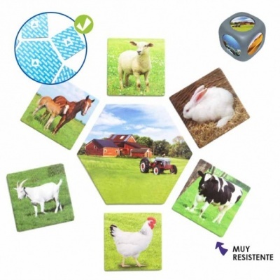 Jogo educativo com fotos de animais da quinta e uma peça central com trator em quinta