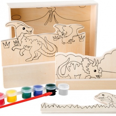 Conjunto de figuras de dinossauros em madeira para pintar com tintas e pincel