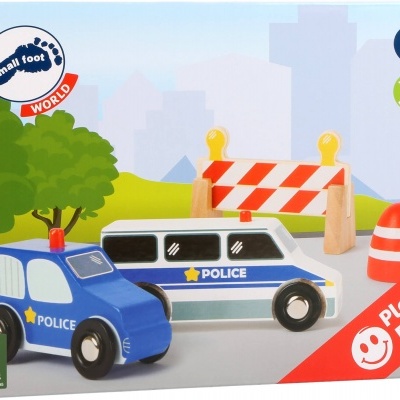 Brinquedo de carros de polícia em madeira com acessórios e embalagem colorida