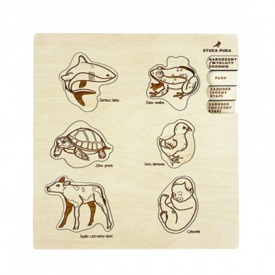 Quebra-cabeças de madeira com ilustrações de animais e embrião humano