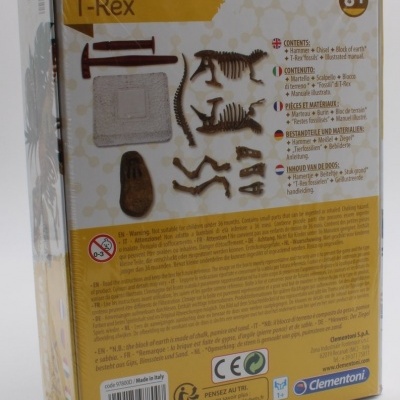 Embalagem traseira do brinquedo Archeofun T-Rex com peças e texto