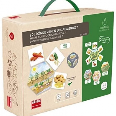 Caixa de brinquedo educacional com imagens de alimentos e paisagens agrícolas