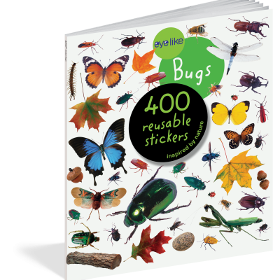 Livro com imagens realistas de insetos e folhas e texto na capa sobre autocolantes reutilizáveis