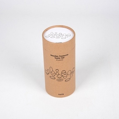 Embalagem cilíndrica castanha do produto Wooden Treasure Water Salt