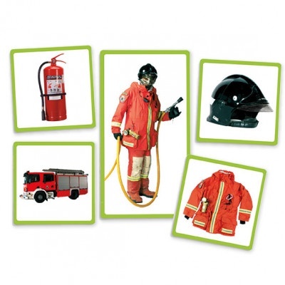 Equipamentos e vestuário de bombeiro em várias fotografias destacadas em moldura verde