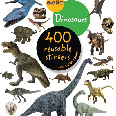 Caixa de stickers reutilizáveis com dinossauros coloridos