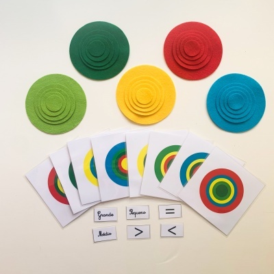 Discos coloridos e cartas com alvos e instruções em português