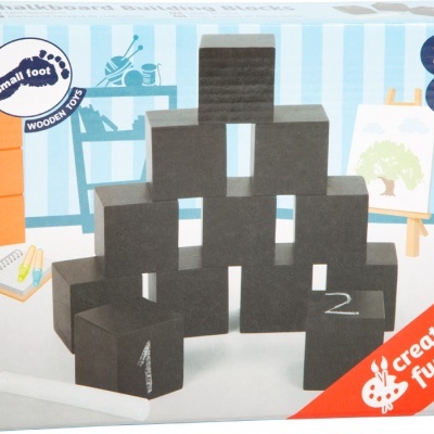 Blocos de madeira pretos de ardósia para brincar, 13 peças, embalagem azul clara com riscas e texto