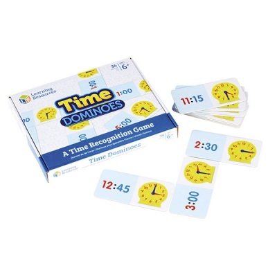 Dominós educativos para aprendizagem de horas com relógios analógicos e digitais.