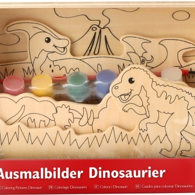 Caixa com figuras de dinossauros de madeira e tintas para colorir