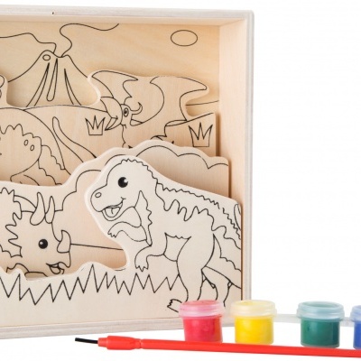 Puzzle infantil em madeira com dinossauros e conjuntos de tintas coloridas