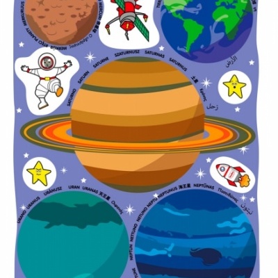 Ilustração colorida de planetas do sistema solar, astronauta e elementos espaciais com texto explicativo