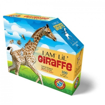 Embalagem colorida de puzzle com imagem de uma girafa e texto 'I AM Lil' GIRAFFE'