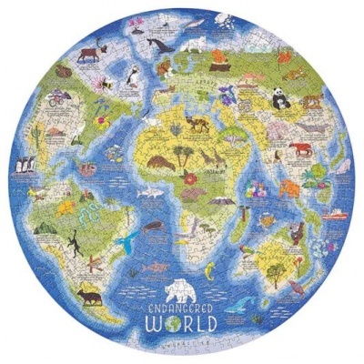 puzzle redondo com mapa ilustrado de animais e texto 'ENDANGERED WORLD'