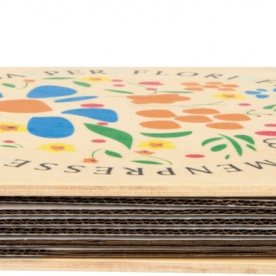 Prensa de madeira com parafusos e ilustração floral colorida