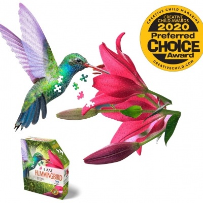 Quebra-cabeças 3D de beija-flor verde e azul com flor vermelha e embalagem, selo de prêmio amarelo