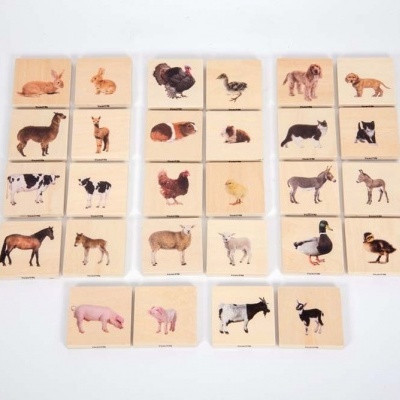 Blocos de madeira com imagens de vários animais para crianças