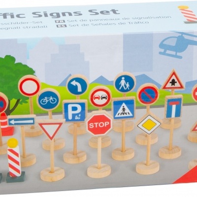 Conjunto de sinais de trânsito de brincar com base de madeira e sinais coloridos em caixa