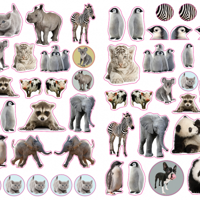 Autocolantes coloridos de diferentes animais com contorno rosa sobre fundo branco