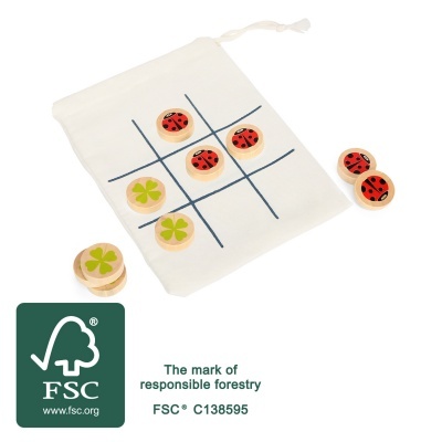 Jogo da velha de madeira com joaninhas e trevos, saco branco e selo FSC