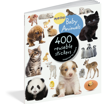 Livro de stickers com imagens de animais bebés e texto na capa