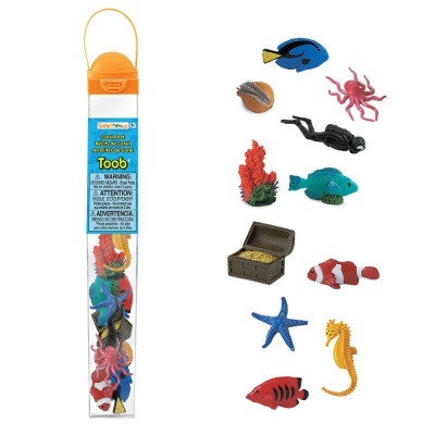 Conjunto de figuras marinhas coloridas em tubo transparente com tampa laranja