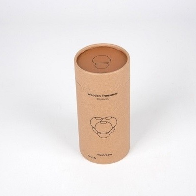 Embalagem cilíndrica bege com texto 