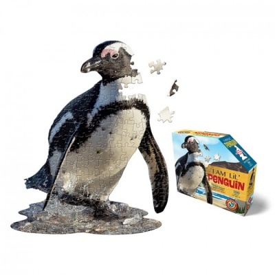 Puzzle 3D de um pinguim em cartão e caixa com texto em inglês